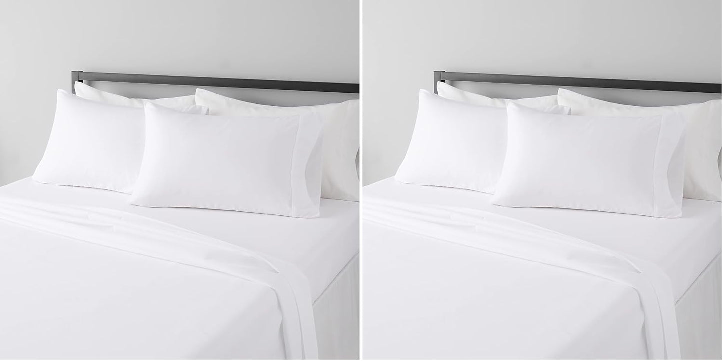 Amazon Basics Lightweight Super Soft Breathable Wrinkle-Resistant Microfiber 4-Piece Bed Sheet Set with 14-Inch Deep Pockets, Queen, Bright White, Solid
