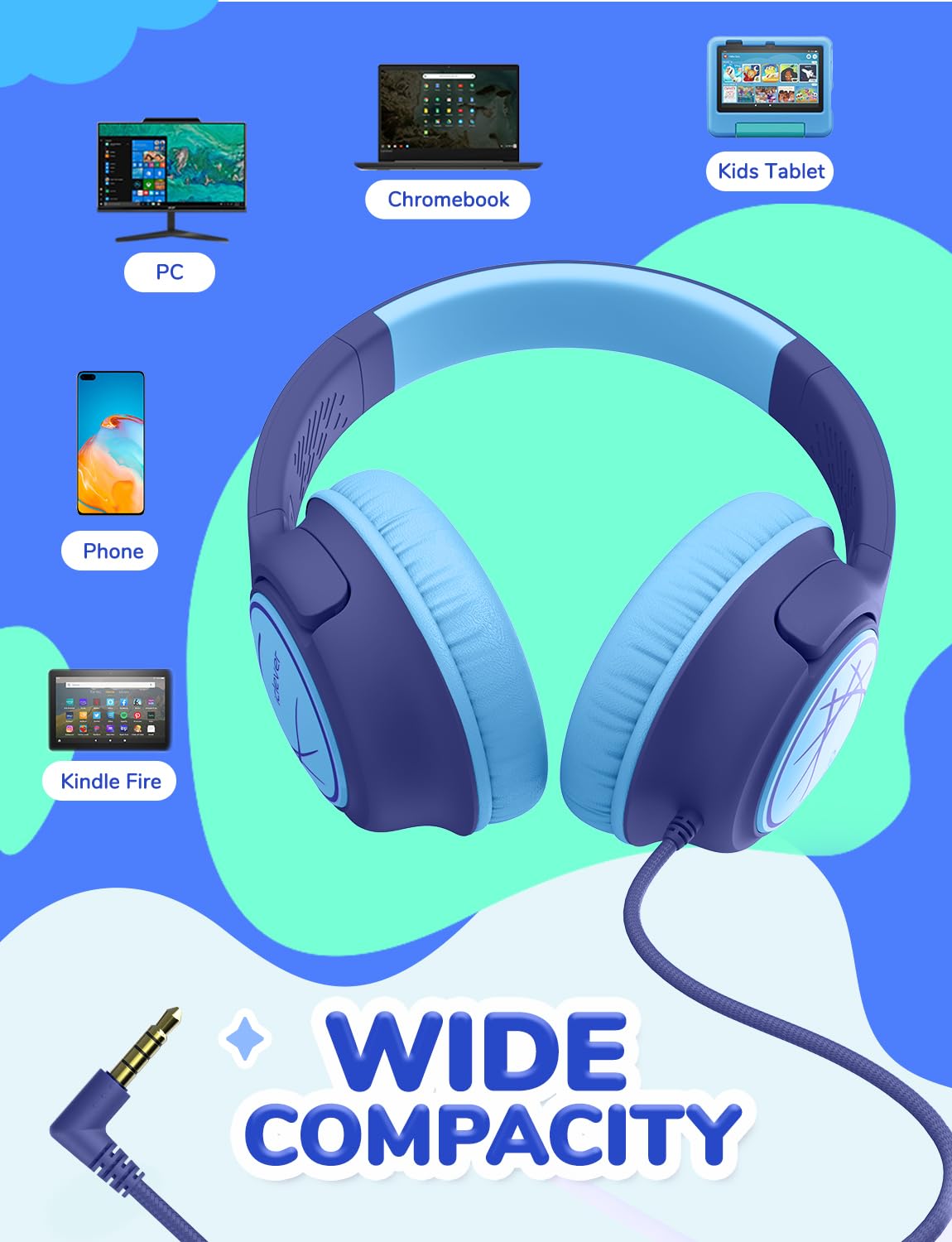 iClever C371 Kids Headphones with Cord for School Boys Girls Travel Gift | SafeSound Tech3.0, Stereo Sound, 3.5mm Jack, Foldable, Durable Headband, Safe Wired Headphones for Kids, Powder Blue