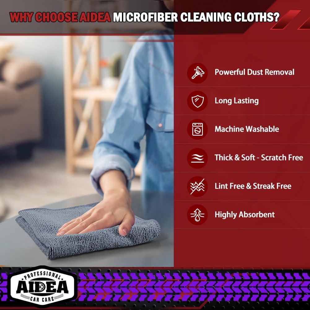 AIDEA Microfiber Cleaning Cloth-50PK, Microfiber Towels for Cars, 12×12" | Premium Wash Cloths, Dusting Cloth Cleaning Rags, Absorbent Towels for SUVs, House, Kitchen, Window, Cleaning Supplies