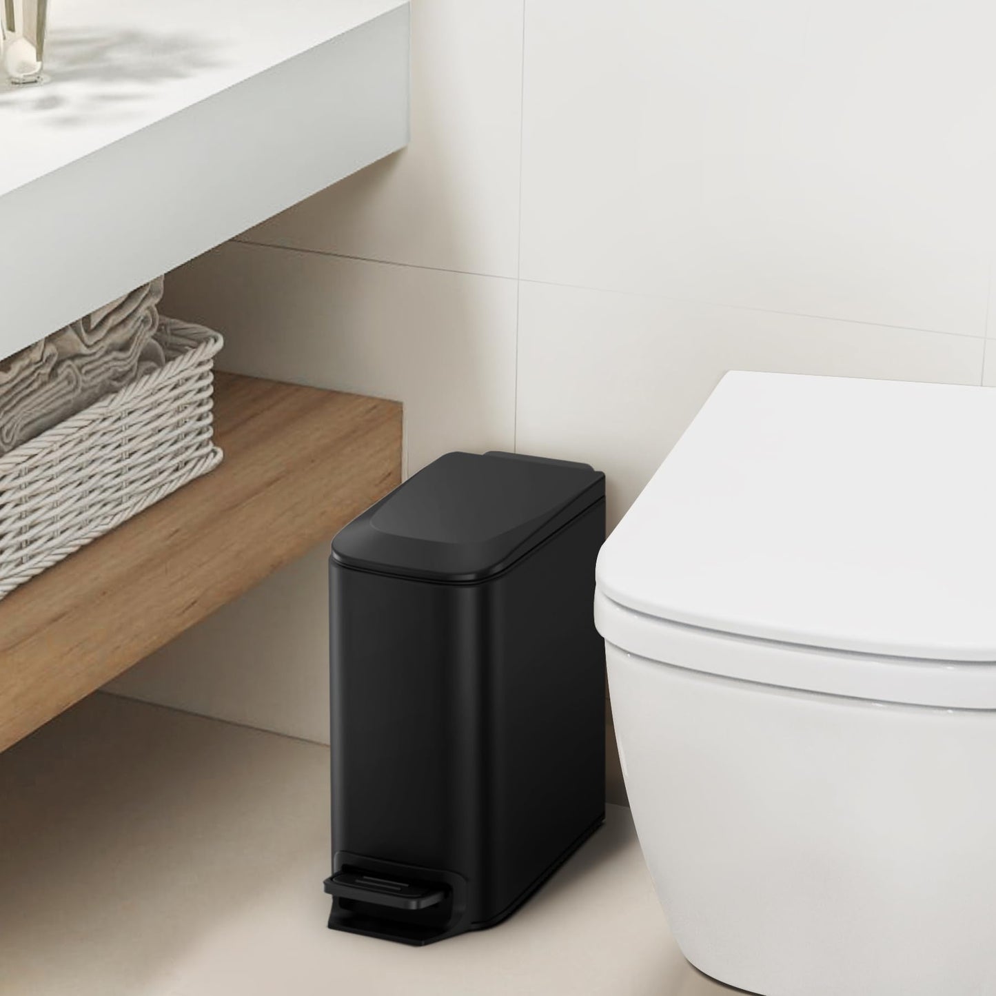 Cesun Small Bathroom Trash Can with Lid, 1.6 Gal, Soft Close, Sage Green | Step pedal soft close, Slim 5.9in fits narrow spaces, Stainless steel, Anti-fingerprint, Removable inner bucket, Odor seal