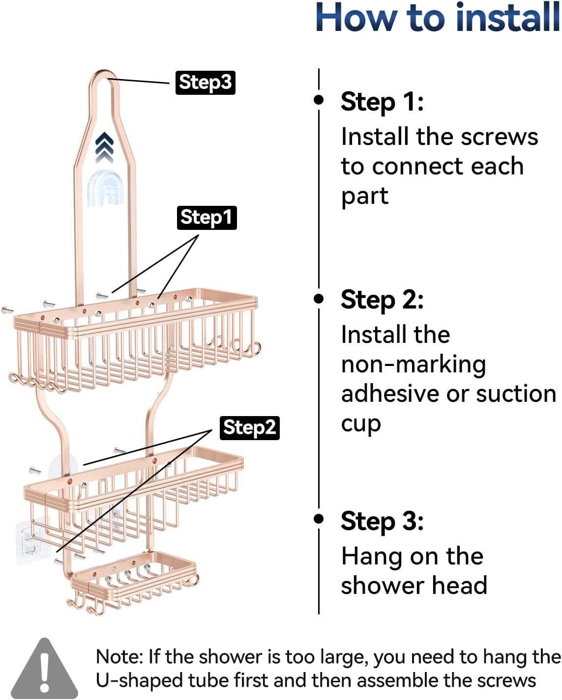 Never Rust Shower Caddy Hanging, Aluminum Shower Racks for Inside Shower, 3-Tier Shower Organizer Hanging Over Shower Head with Hooks and Soap Holder, Rose Gold