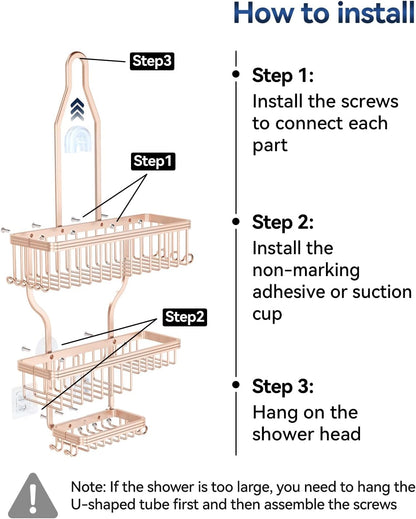 Never Rust Shower Caddy Hanging, Aluminum Shower Racks for Inside Shower, 3-Tier Shower Organizer Hanging Over Shower Head with Hooks and Soap Holder, Rose Gold