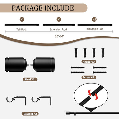 Curtain Rods 30-60 Inch, Adjustable Black Curtain Rods for Windows 2 Pack | 5/8" Diameter for 30-54 Inch Windows, Spliced Window Treatment Rod with Brackets, Long Small Rod for Bedroom, Living Room