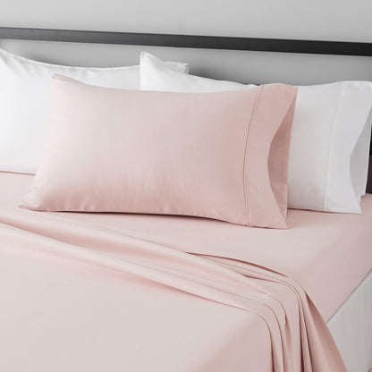 Amazon Basics Lightweight Super Soft Breathable Wrinkle-Resistant Microfiber 4-Piece Bed Sheet Set with 14-Inch Deep Pockets, Queen, Bright White, Solid