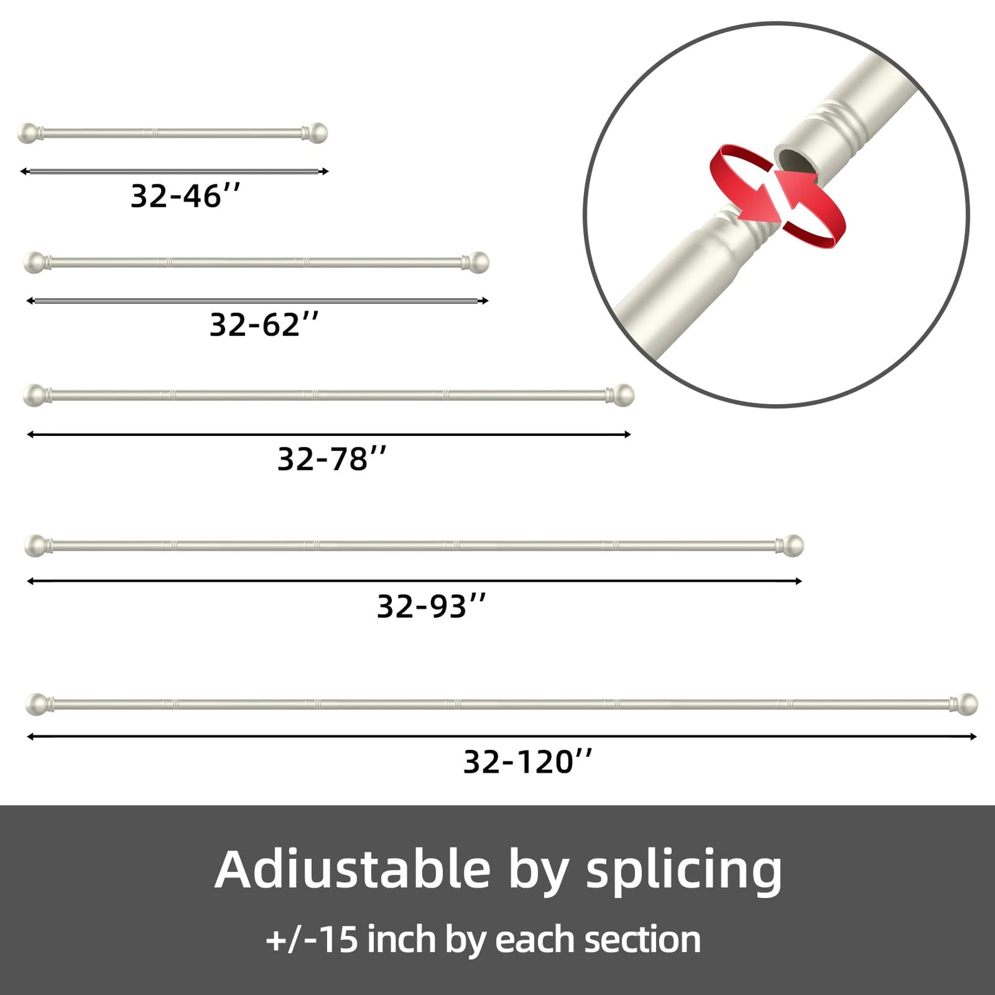 GXOACKJ Curtain Rods for windows 32-48 inch, 5/8 inch Decorative Curtain Rod Set, Matte Black Splicing Heavy Duty Metal Curtain Rod with Brackets
