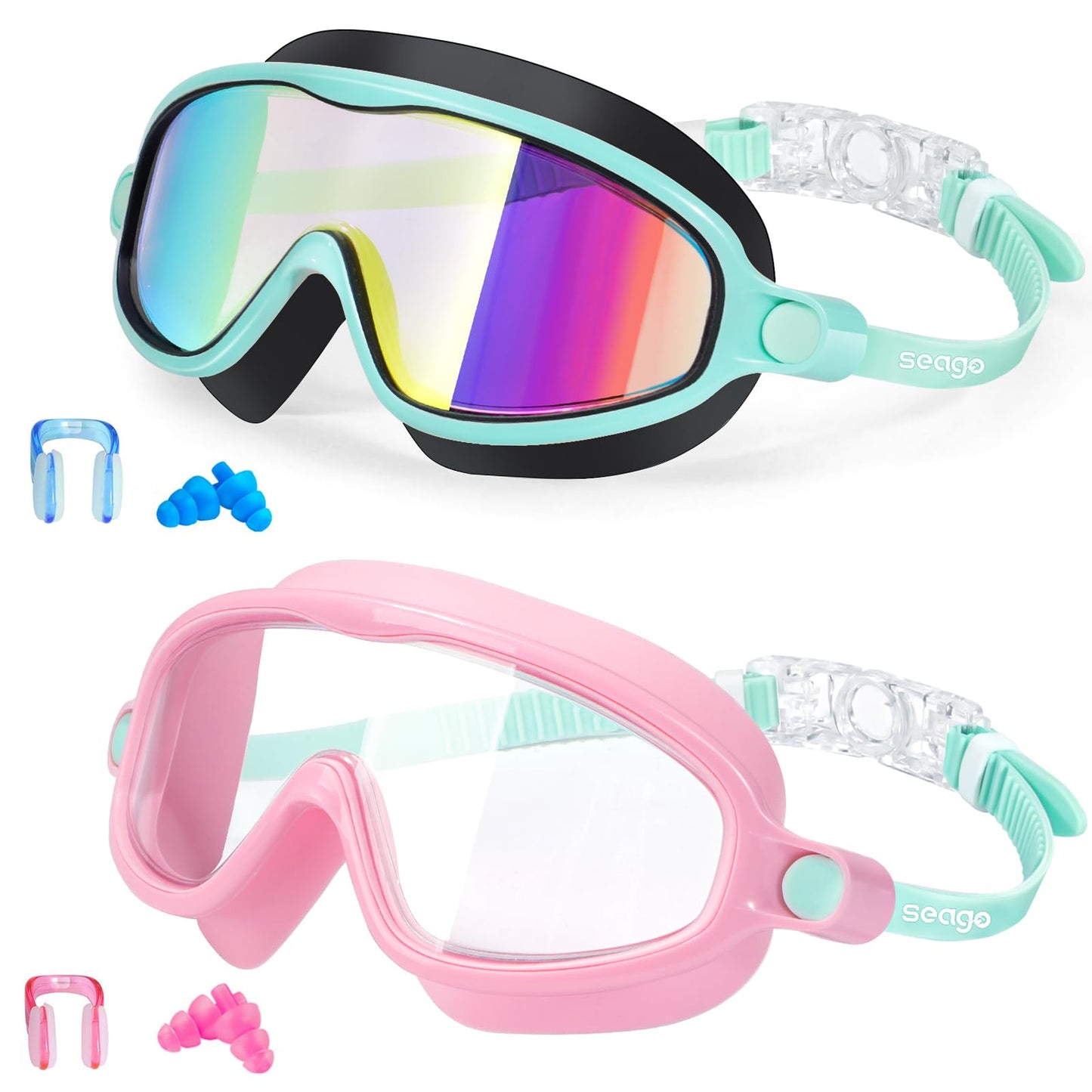 Seago Swim Goggles 2 Pack Anti-Fog Anti-UV Wide View Swimming Goggles for Kids 3-14