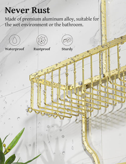 Never Rust Shower Caddy Hanging, Aluminum Shower Racks for Inside Shower, 3-Tier Shower Organizer Hanging Over Shower Head with Hooks and Soap Holder, Rose Gold