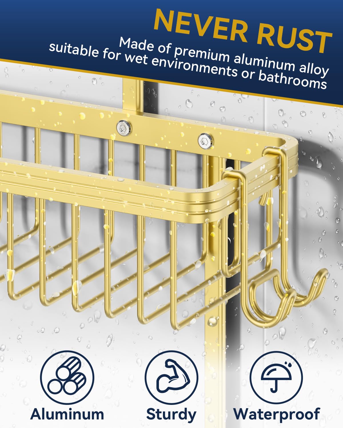 Never Rust Shower Caddy Hanging, Aluminum Shower Racks for Inside Shower, 3-Tier Shower Organizer Hanging Over Shower Head with Hooks and Soap Holder, Rose Gold