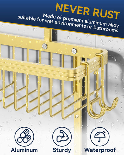 Never Rust Shower Caddy Hanging, Aluminum Shower Racks for Inside Shower, 3-Tier Shower Organizer Hanging Over Shower Head with Hooks and Soap Holder, Rose Gold