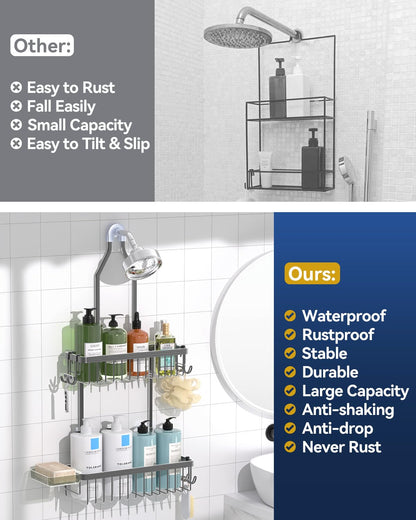 Never Rust Shower Caddy Hanging, Aluminum Shower Racks for Inside Shower, 3-Tier Shower Organizer Hanging Over Shower Head with Hooks and Soap Holder, Rose Gold