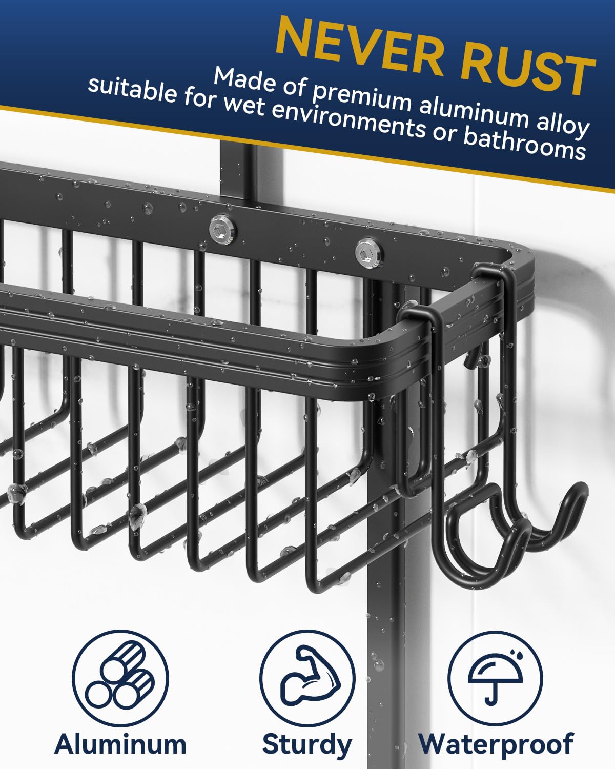 Never Rust Shower Caddy Hanging, Aluminum Shower Racks for Inside Shower, 3-Tier Shower Organizer Hanging Over Shower Head with Hooks and Soap Holder, Rose Gold