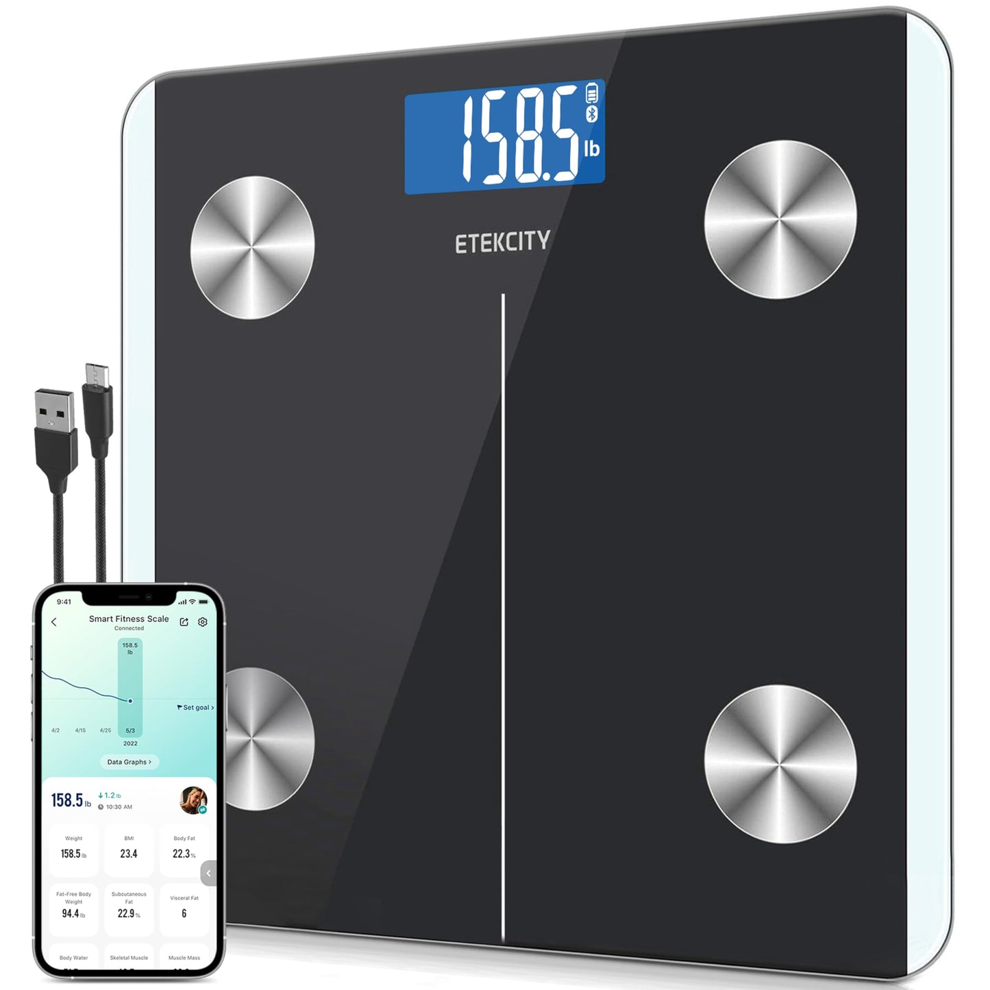 Etekcity Smart Scale for Body Weight, Body Fat and BMI, FSA Eligible | HSA Eligible, Bathroom Scale with Muscle Mass, Accurate Bluetooth App Sync, LED Display and Tempered Glass
