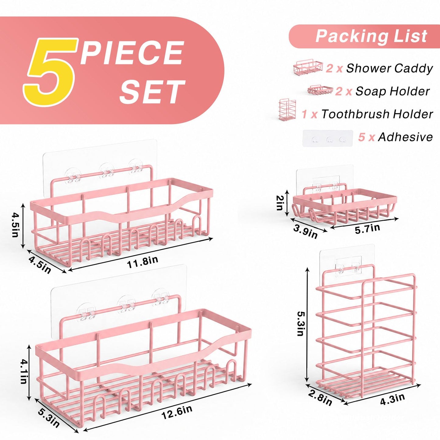 EUDELE Adhesive Shower Caddy, 5 Pack Rustproof Stainless Steel Bath Organizers With Large Capacity, No Drilling Shelves for Bathroom Storage & Home Decor