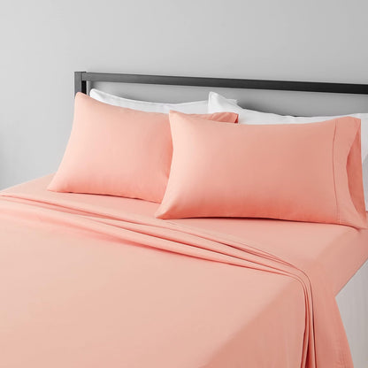 Amazon Basics Lightweight Super Soft Breathable Wrinkle-Resistant Microfiber 4-Piece Bed Sheet Set with 14-Inch Deep Pockets, Queen, Bright White, Solid