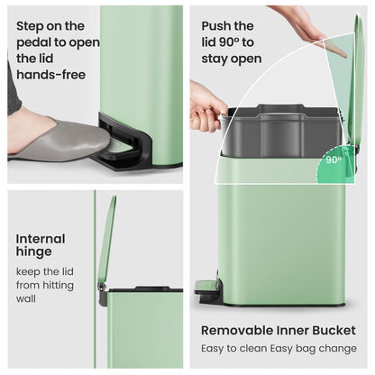 Cesun Small Bathroom Trash Can with Lid, 1.6 Gal, Soft Close, Sage Green | Step pedal soft close, Slim 5.9in fits narrow spaces, Stainless steel, Anti-fingerprint, Removable inner bucket, Odor seal