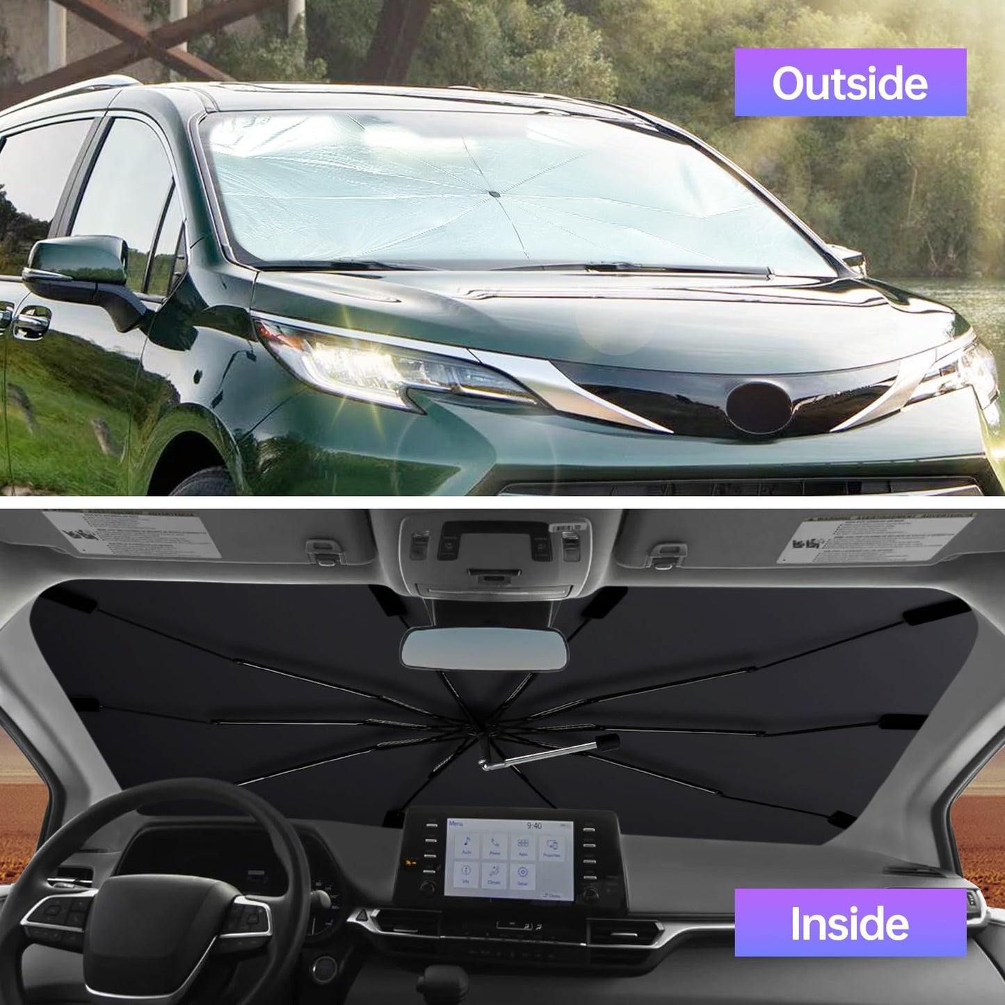 [2026 Upgraded] Windshield Sun Shade Umbrella, Car Sunshade for Trucks&SUVs | UV Protection, Heat Insulation & Automotive Interior Sun Protection for Outdoor Parking Camping (X-Large)
