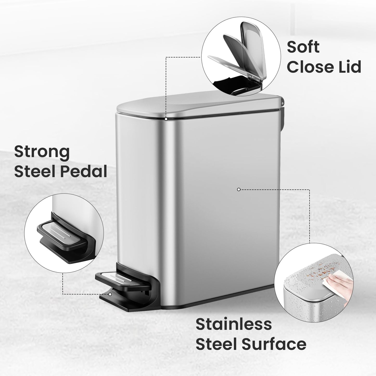 Cesun Small Bathroom Trash Can with Lid, 1.6 Gal, Soft Close, Sage Green | Step pedal soft close, Slim 5.9in fits narrow spaces, Stainless steel, Anti-fingerprint, Removable inner bucket, Odor seal