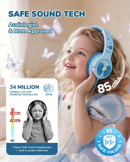 iClever C371 Kids Headphones with Cord for School Boys Girls Travel Gift | SafeSound Tech3.0, Stereo Sound, 3.5mm Jack, Foldable, Durable Headband, Safe Wired Headphones for Kids, Powder Blue