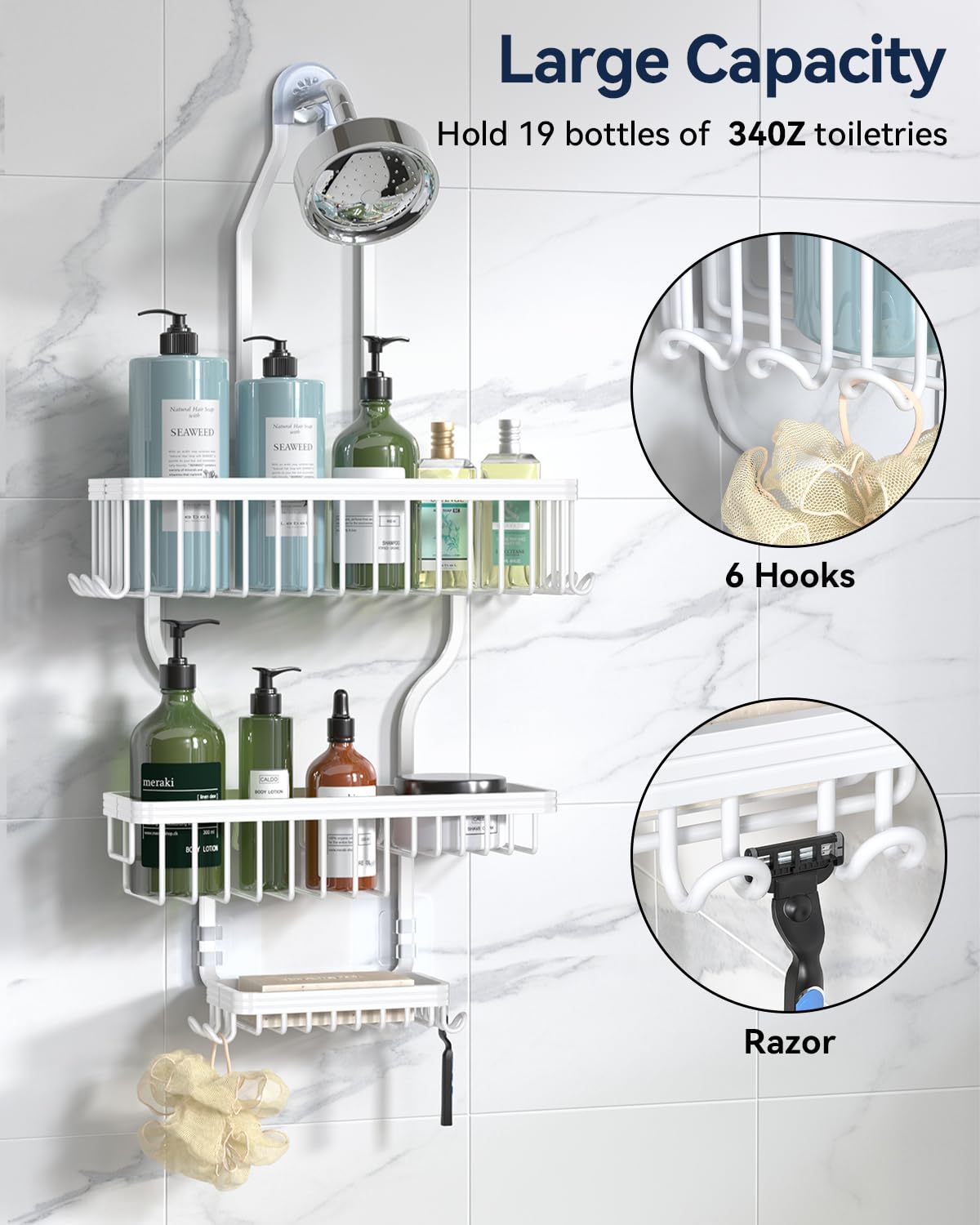Never Rust Shower Caddy Hanging, Aluminum Shower Racks for Inside Shower, 3-Tier Shower Organizer Hanging Over Shower Head with Hooks and Soap Holder, Rose Gold