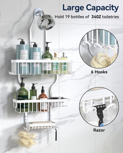 Never Rust Shower Caddy Hanging, Aluminum Shower Racks for Inside Shower, 3-Tier Shower Organizer Hanging Over Shower Head with Hooks and Soap Holder, Rose Gold