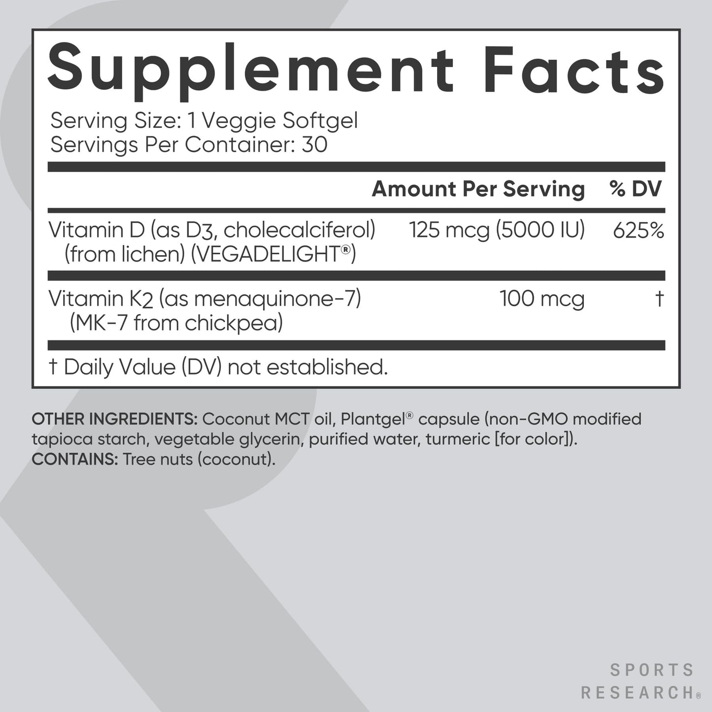 Sports Research® Vegan Vitamin D3 + K2 w/Coconut Oil, 60 Count Plantgels™ | Plant-Based Vitamin D 5000iu/125mcg & Soy-Free Vitamin K 100mcg for Bone & Immune Support - Vegan Certified · Non-GMO