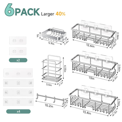 Veken Large Capacity Shower Caddy 6-Pack, No Drilling & Rustproof, Adhesive Shower Shelves with Soap Holder, Bathroom Organizers and Storage, Wall-Mounted Kitchen & Home Decor, Pink