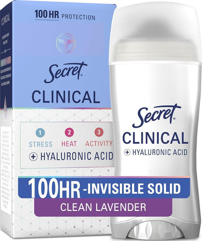 Secret Clinical Strength Invisible Solid Antiperspirant Deodorant for Women, 100HR Sweat & Odor Protection, 3X Stress Protection with Hyaluronic Acid, PH Balanced, Completely Clean Scent, 2.6 oz