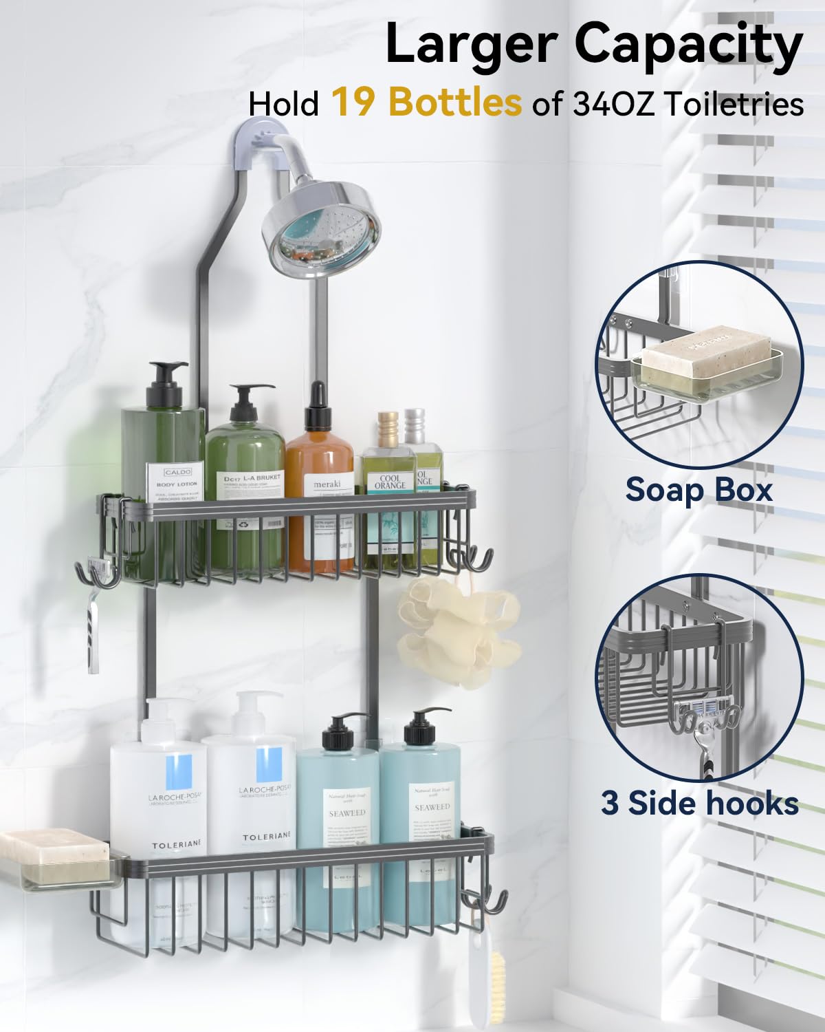 Never Rust Shower Caddy Hanging, Aluminum Shower Racks for Inside Shower, 3-Tier Shower Organizer Hanging Over Shower Head with Hooks and Soap Holder, Rose Gold