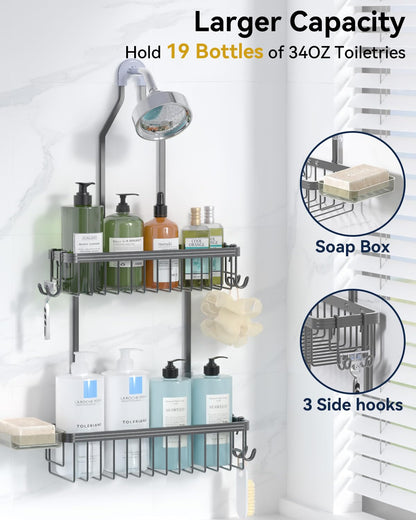 Never Rust Shower Caddy Hanging, Aluminum Shower Racks for Inside Shower, 3-Tier Shower Organizer Hanging Over Shower Head with Hooks and Soap Holder, Rose Gold
