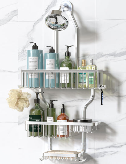 Never Rust Shower Caddy Hanging, Aluminum Shower Racks for Inside Shower, 3-Tier Shower Organizer Hanging Over Shower Head with Hooks and Soap Holder, Rose Gold