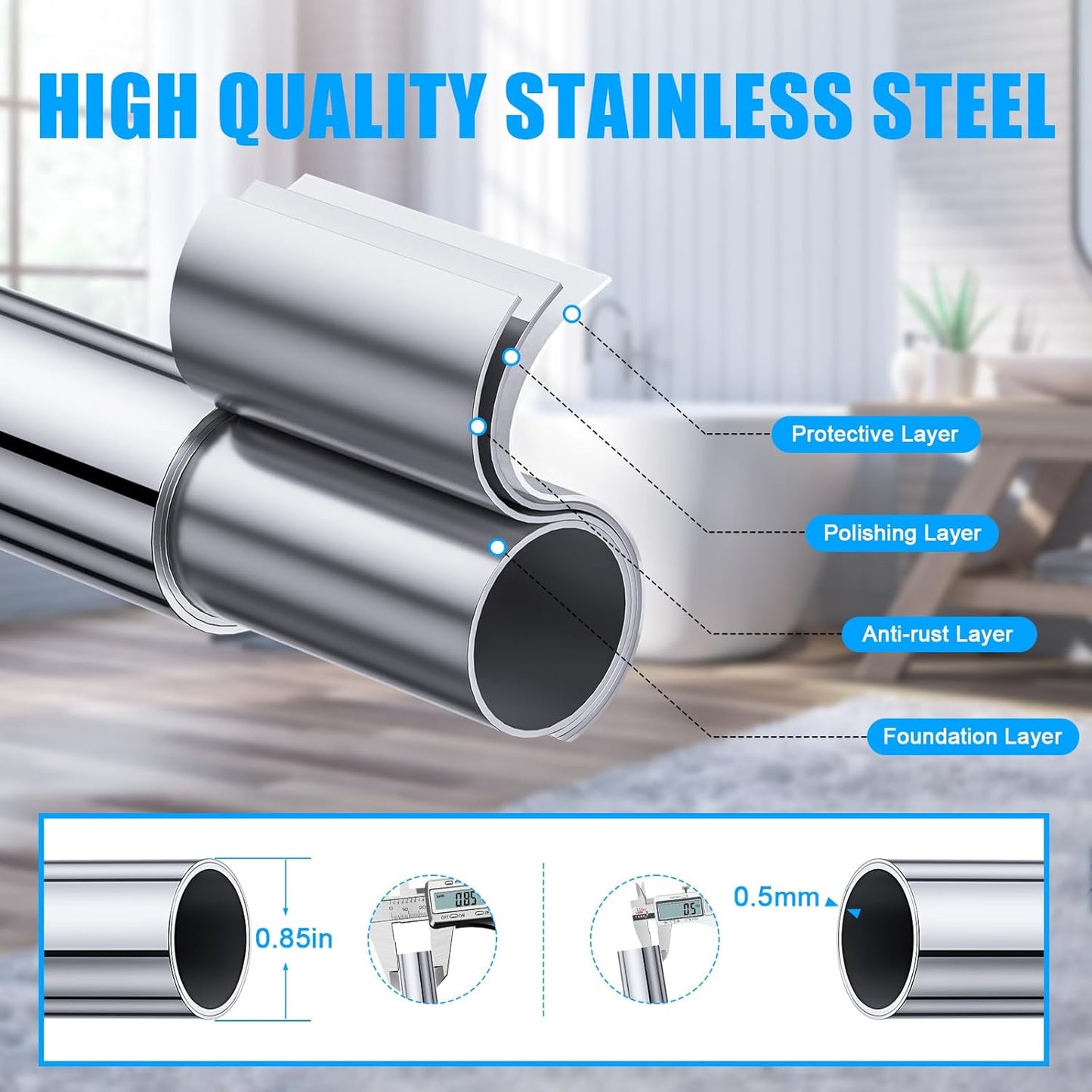 TEECK Shower Curtain Rod, 32-80 inch Adjustable Spring Tension Curtain Rod, Never Rust Anti-Slip Shower Curtain Rod for Bathroom, No Drilling, Never Collapse, Easy to Use, Silver