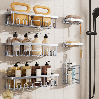 Veken Large Capacity Shower Caddy 6-Pack, No Drilling & Rustproof, Adhesive Shower Shelves with Soap Holder, Bathroom Organizers and Storage, Wall-Mounted Kitchen & Home Decor, Pink