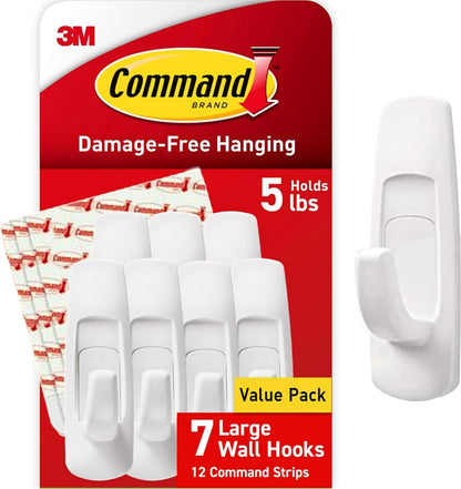 Command Large Utility Hooks, 7-Hooks, 12-Strips, Organize Damage-Free | Damage-Free Hanging Wall Hooks with Adhesive Strips, No Tools Adhesive Hooks for Hanging Decor, Holds up to 5 lb