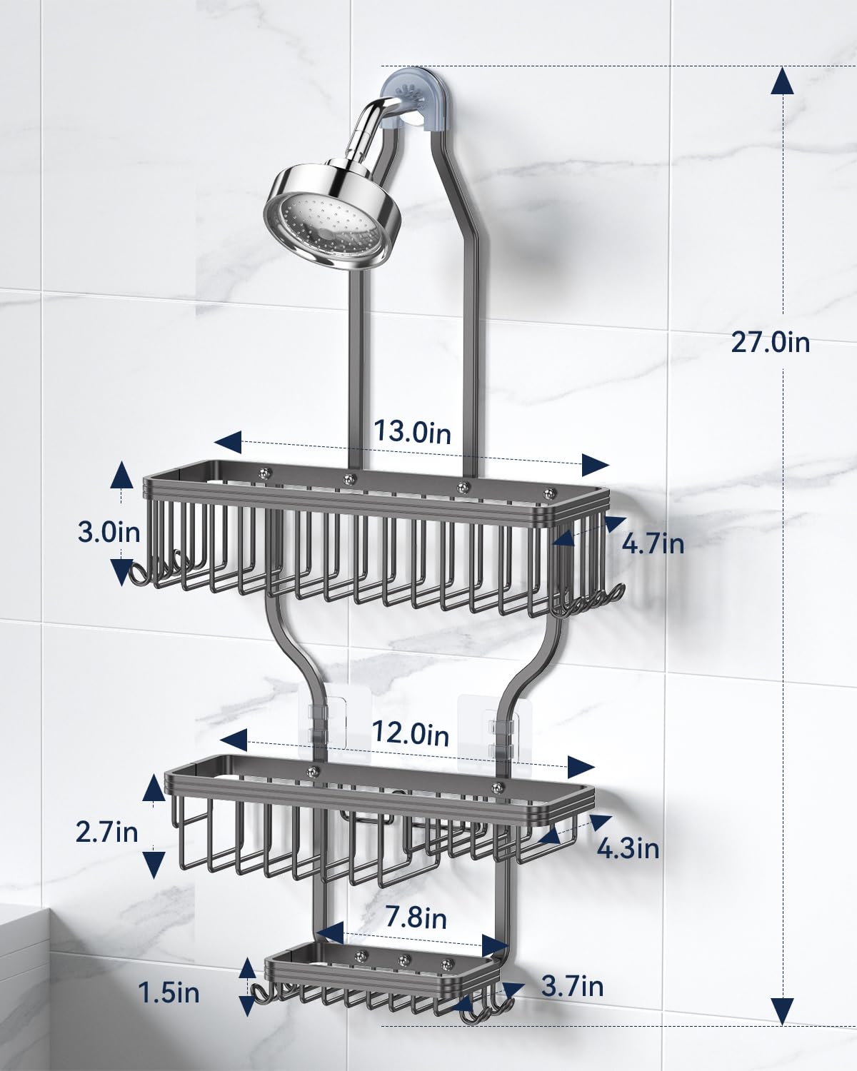 Never Rust Shower Caddy Hanging, Aluminum Shower Racks for Inside Shower, 3-Tier Shower Organizer Hanging Over Shower Head with Hooks and Soap Holder, Rose Gold