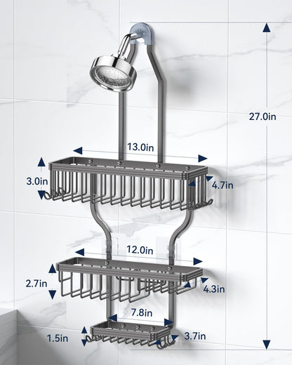 Never Rust Shower Caddy Hanging, Aluminum Shower Racks for Inside Shower, 3-Tier Shower Organizer Hanging Over Shower Head with Hooks and Soap Holder, Rose Gold
