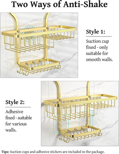 Never Rust Shower Caddy Hanging, Aluminum Shower Racks for Inside Shower, 3-Tier Shower Organizer Hanging Over Shower Head with Hooks and Soap Holder, Rose Gold
