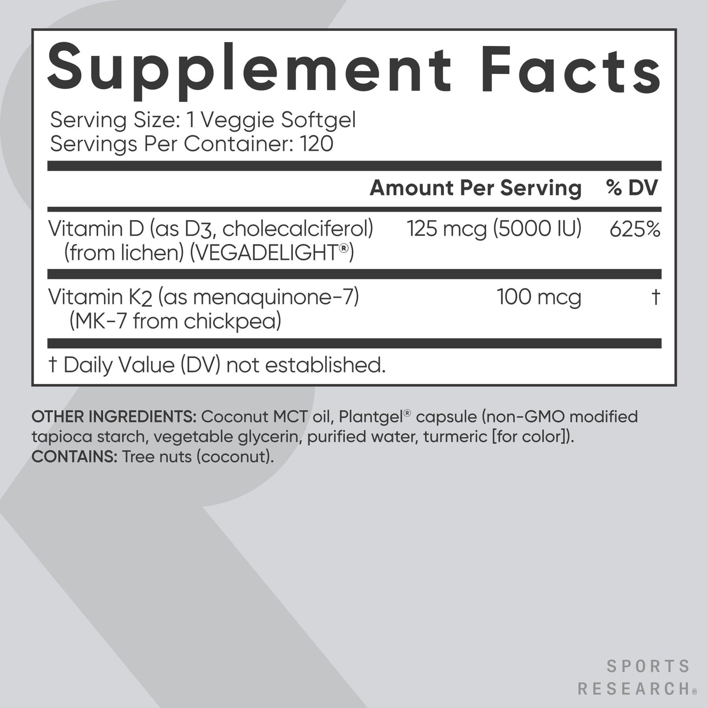 Sports Research® Vegan Vitamin D3 + K2 w/Coconut Oil, 60 Count Plantgels™ | Plant-Based Vitamin D 5000iu/125mcg & Soy-Free Vitamin K 100mcg for Bone & Immune Support - Vegan Certified · Non-GMO