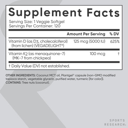 Sports Research® Vegan Vitamin D3 + K2 w/Coconut Oil, 60 Count Plantgels™ | Plant-Based Vitamin D 5000iu/125mcg & Soy-Free Vitamin K 100mcg for Bone & Immune Support - Vegan Certified · Non-GMO