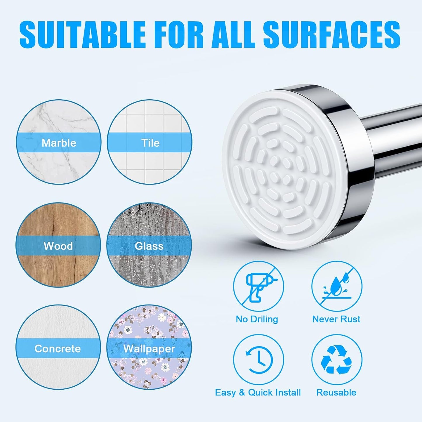 TEECK Shower Curtain Rod, 32-80 inch Adjustable Spring Tension Curtain Rod, Never Rust Anti-Slip Shower Curtain Rod for Bathroom, No Drilling, Never Collapse, Easy to Use, Silver