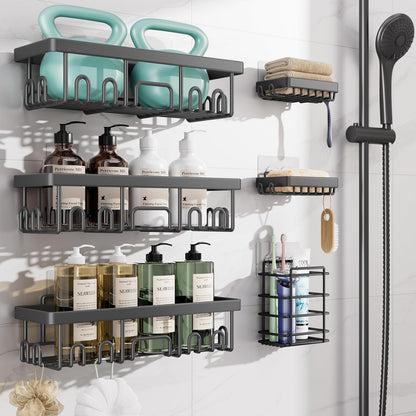 Veken Large Capacity Shower Caddy 6-Pack, No Drilling & Rustproof, Adhesive Shower Shelves with Soap Holder, Bathroom Organizers and Storage, Wall-Mounted Kitchen & Home Decor, Pink