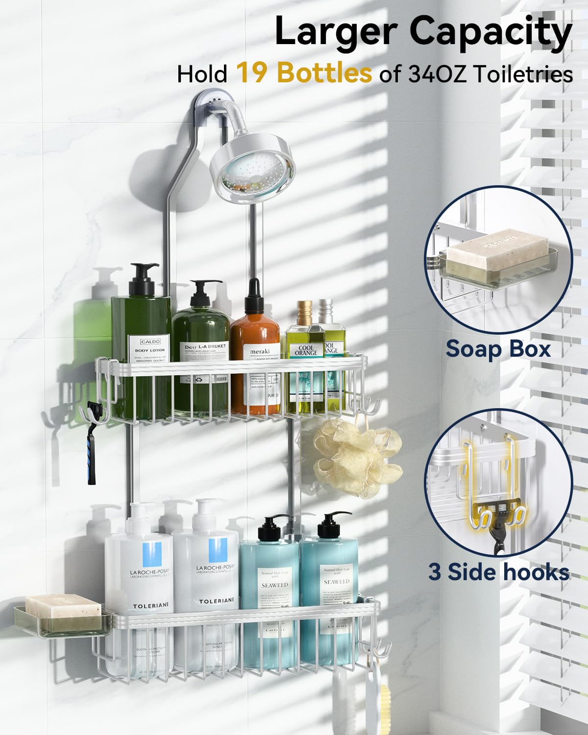 Never Rust Shower Caddy Hanging, Aluminum Shower Racks for Inside Shower, 3-Tier Shower Organizer Hanging Over Shower Head with Hooks and Soap Holder, Rose Gold