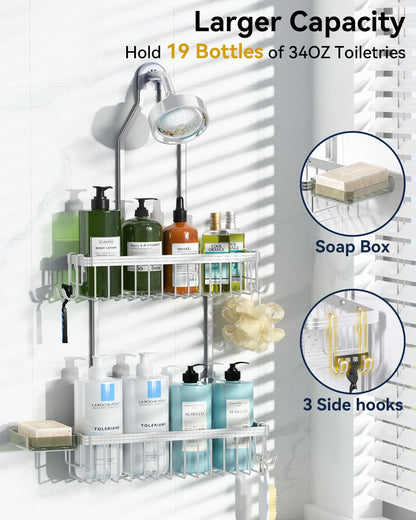 Never Rust Shower Caddy Hanging, Aluminum Shower Racks for Inside Shower, 3-Tier Shower Organizer Hanging Over Shower Head with Hooks and Soap Holder, Rose Gold