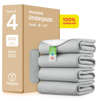 IMPROVIA® Washable Underpads, 34" x 36" (Pack of 4) - Heavy Absorbency Reusable Bedwetting Incontinence Pads for Kids, Adults, Elderly, and Pets - Waterproof Protective Pad for Bed, Couch, Sofa, Floor