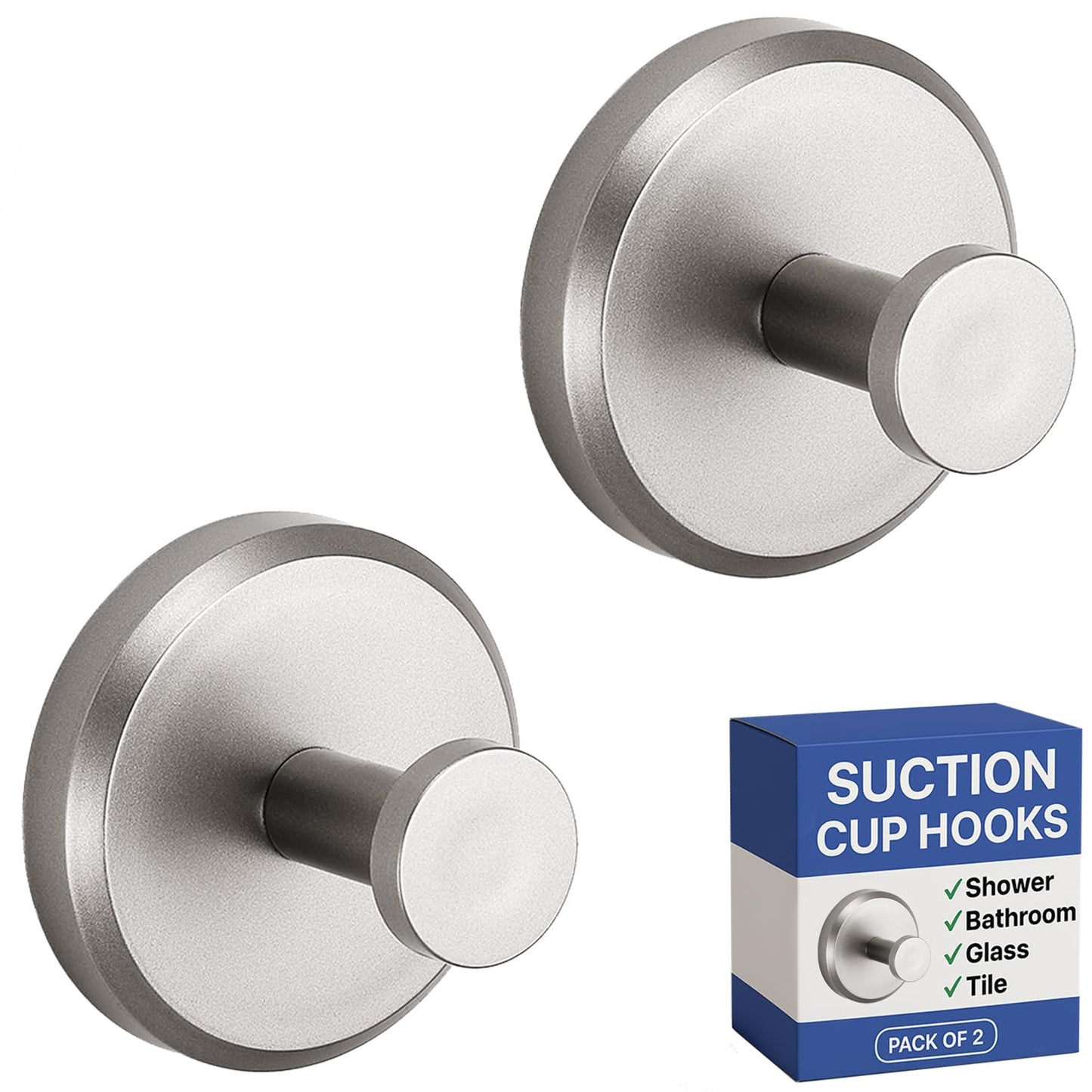 HOME SO Suction Cup Hooks for Shower & Bathroom Towel Holder 2-Pack Black | Waterproof Rustproof Organizer Hook Hanging Loofah Robe Coat Bath Accessories on Tile Glass Door Mirror + Optional 3M Disc