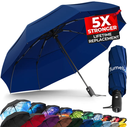 Strongest Windproof Travel Umbrella (Compact, 100MPH Wind-Tested), Light, Portable, One-Handed Use, Automatic Folding Rain Umbrella, Durable, Premium Grip, Fits Car & Backpack