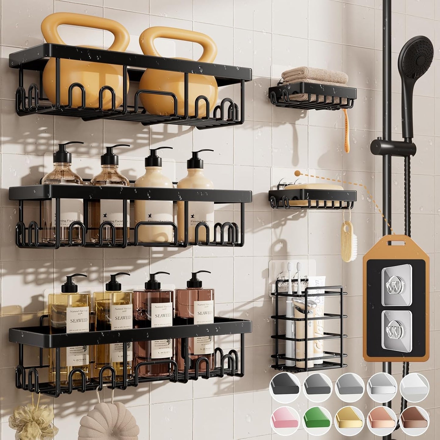 Veken Large Capacity Shower Caddy 6-Pack, No Drilling & Rustproof, Adhesive Shower Shelves with Soap Holder, Bathroom Organizers and Storage, Wall-Mounted Kitchen & Home Decor, Pink