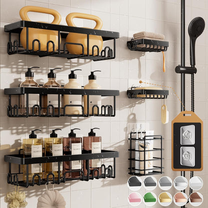 Veken Large Capacity Shower Caddy 6-Pack, No Drilling & Rustproof, Adhesive Shower Shelves with Soap Holder, Bathroom Organizers and Storage, Wall-Mounted Kitchen & Home Decor, Pink