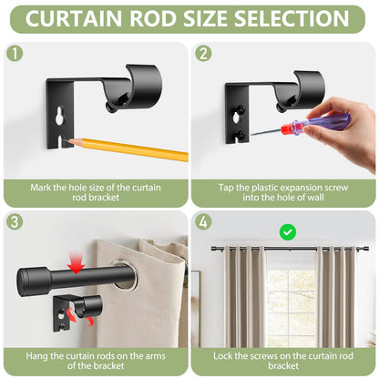 Curtain Rods 30-60 Inch, Adjustable Black Curtain Rods for Windows 2 Pack | 5/8" Diameter for 30-54 Inch Windows, Spliced Window Treatment Rod with Brackets, Long Small Rod for Bedroom, Living Room