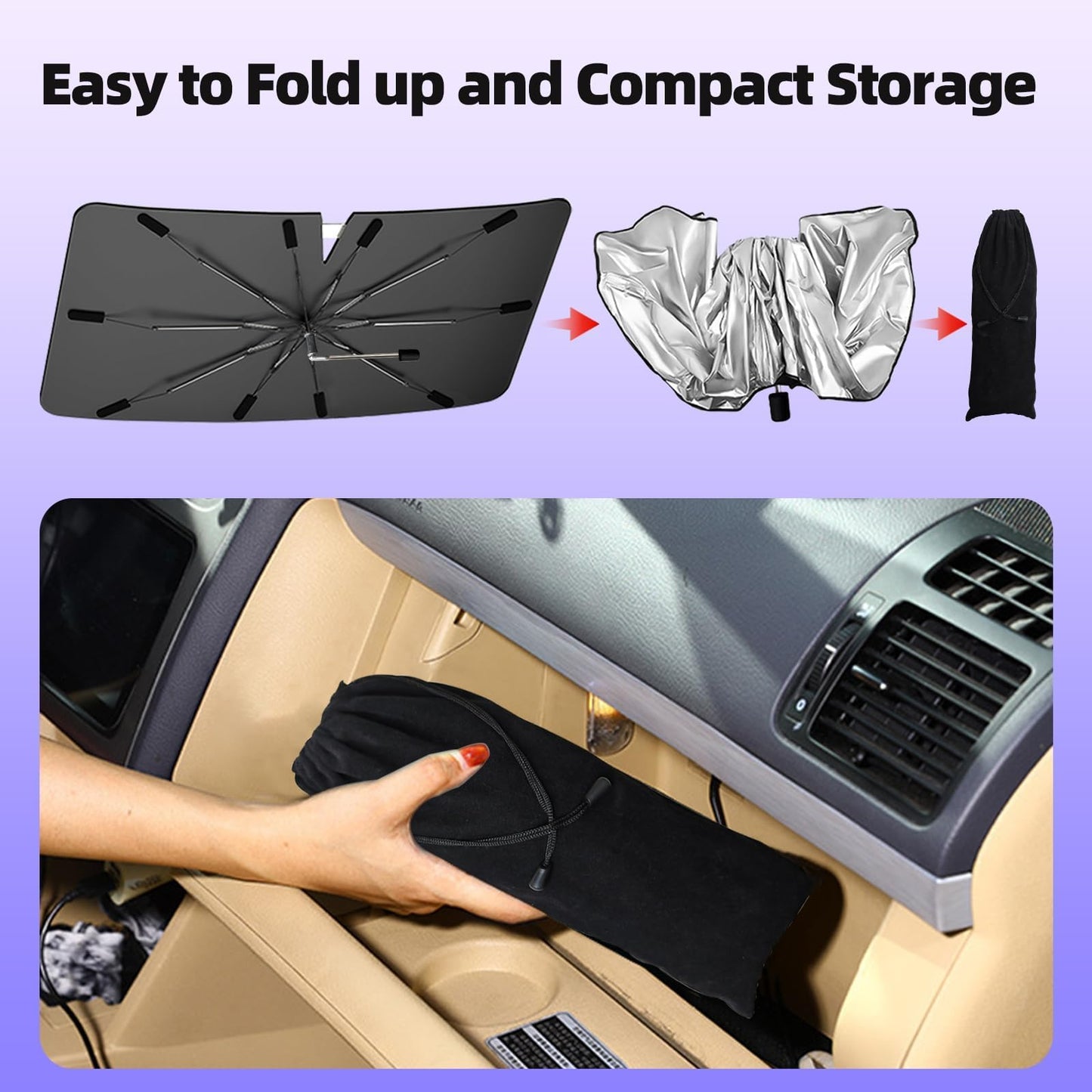 [2026 Upgraded] Windshield Sun Shade Umbrella, Car Sunshade for Trucks&SUVs | UV Protection, Heat Insulation & Automotive Interior Sun Protection for Outdoor Parking Camping (X-Large)