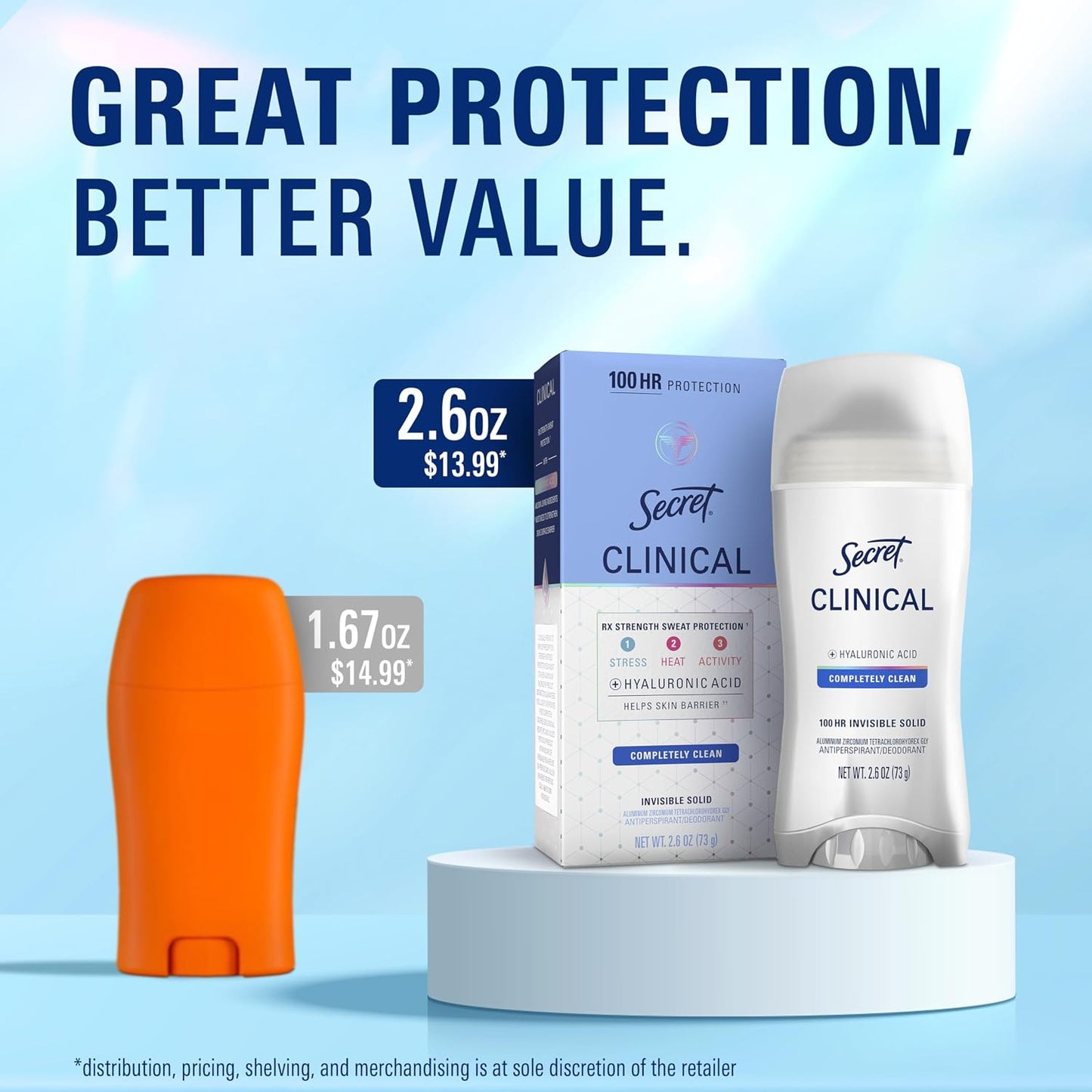 Secret Clinical Strength Invisible Solid Antiperspirant Deodorant for Women, 100HR Sweat & Odor Protection, 3X Stress Protection with Hyaluronic Acid, PH Balanced, Completely Clean Scent, 2.6 oz